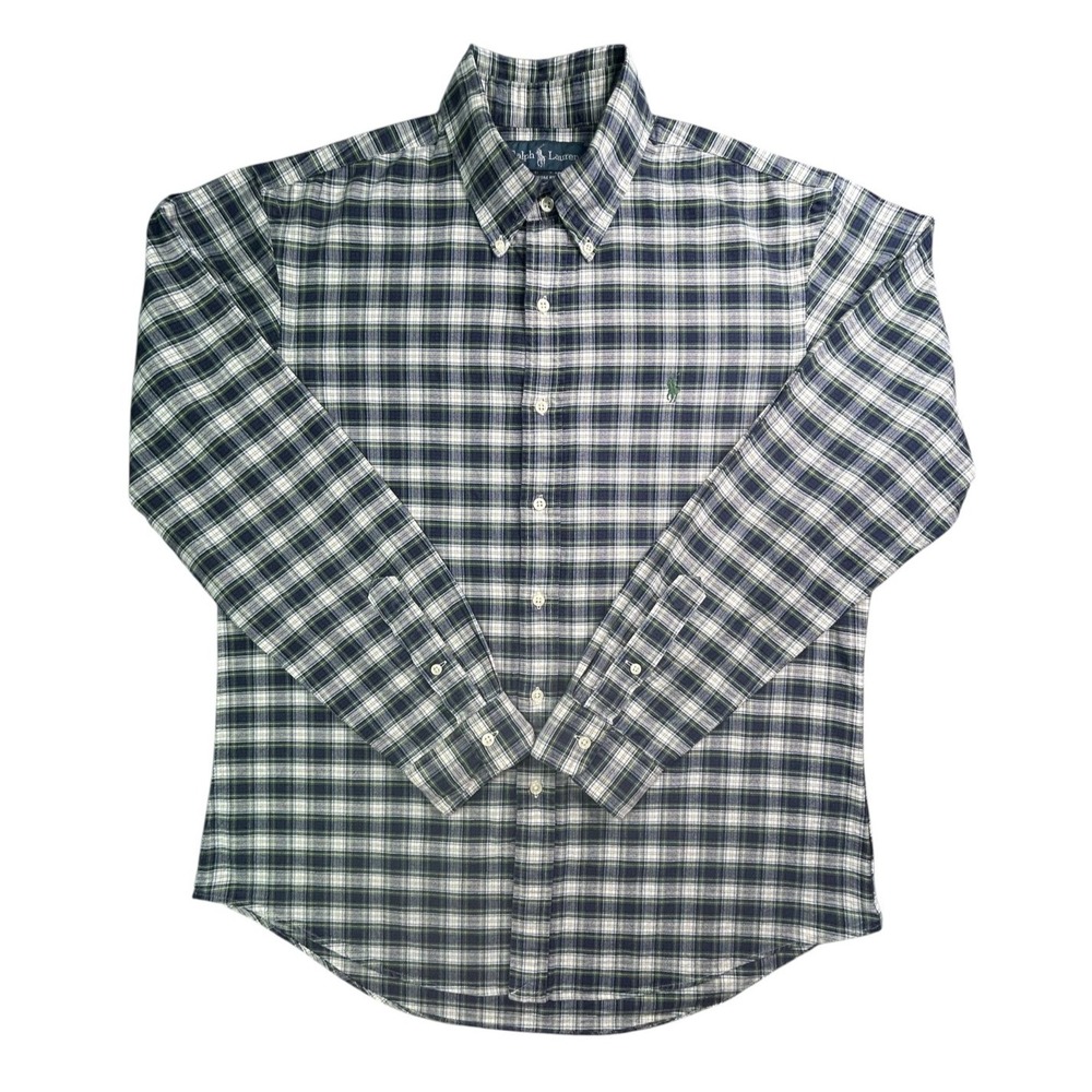 Ralph Lauren Custom Fit L/S Cotton Plaid Button Down Shirt Mens Sz L Blue White